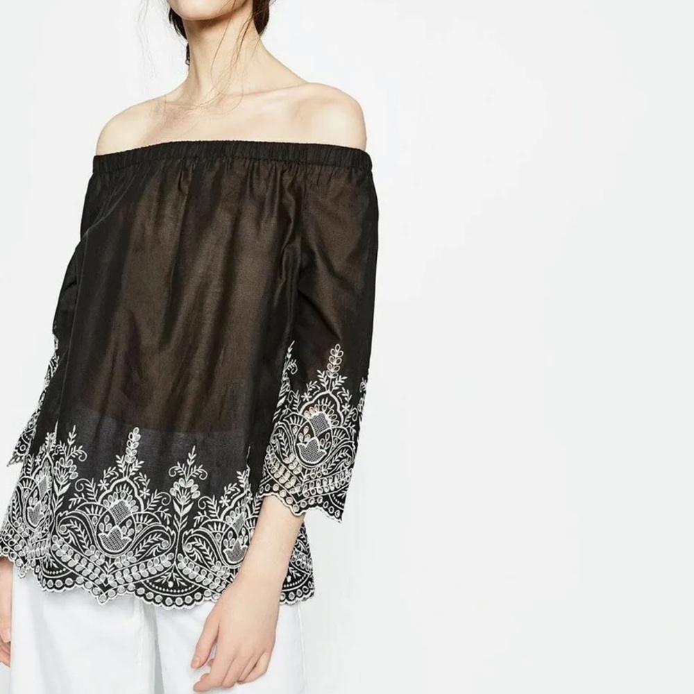 Zara embroidered eyelet black and white off shoulder cotton blouse